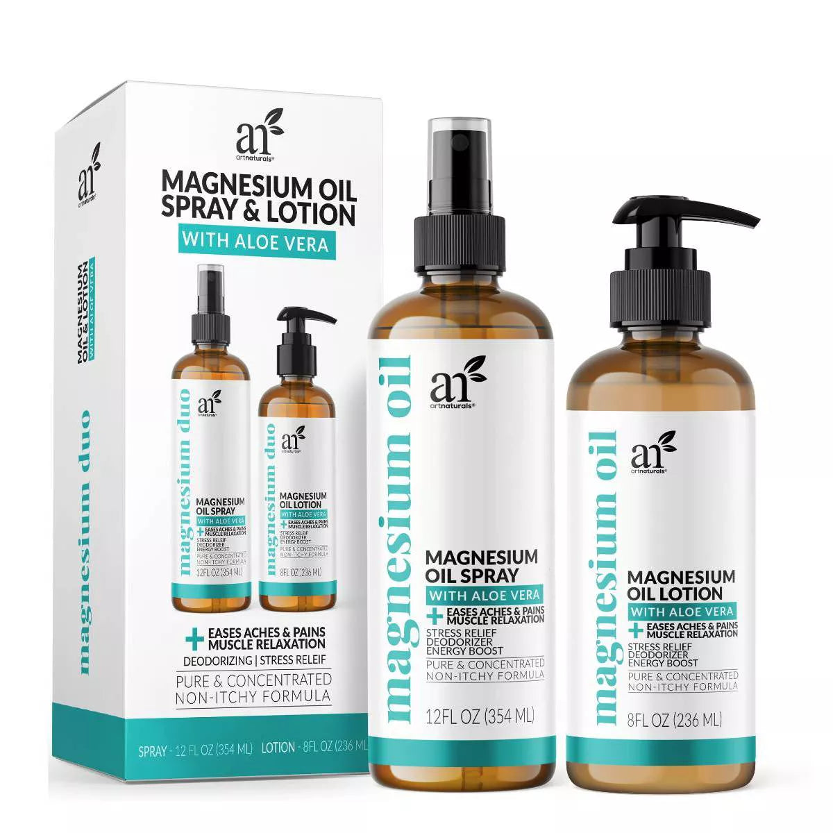 ArtNaturals Magnesium Oil Spray 12 oz + Body Massage Lotion Set 8oz for Feet & Sleep - Extra Strength Cream Ultra-Pure, Relief & Relaxation, Muscle Health Leg & Joint Care Topical Non Itch
