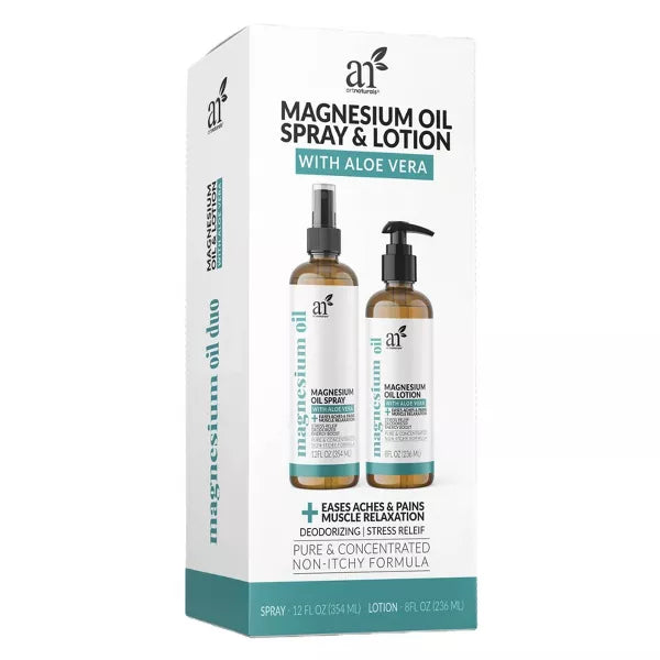 ArtNaturals Magnesium Oil Spray 12 oz + Body Massage Lotion Set 8oz for Feet & Sleep - Extra Strength Cream Ultra-Pure, Relief & Relaxation, Muscle Health Leg & Joint Care Topical Non Itch